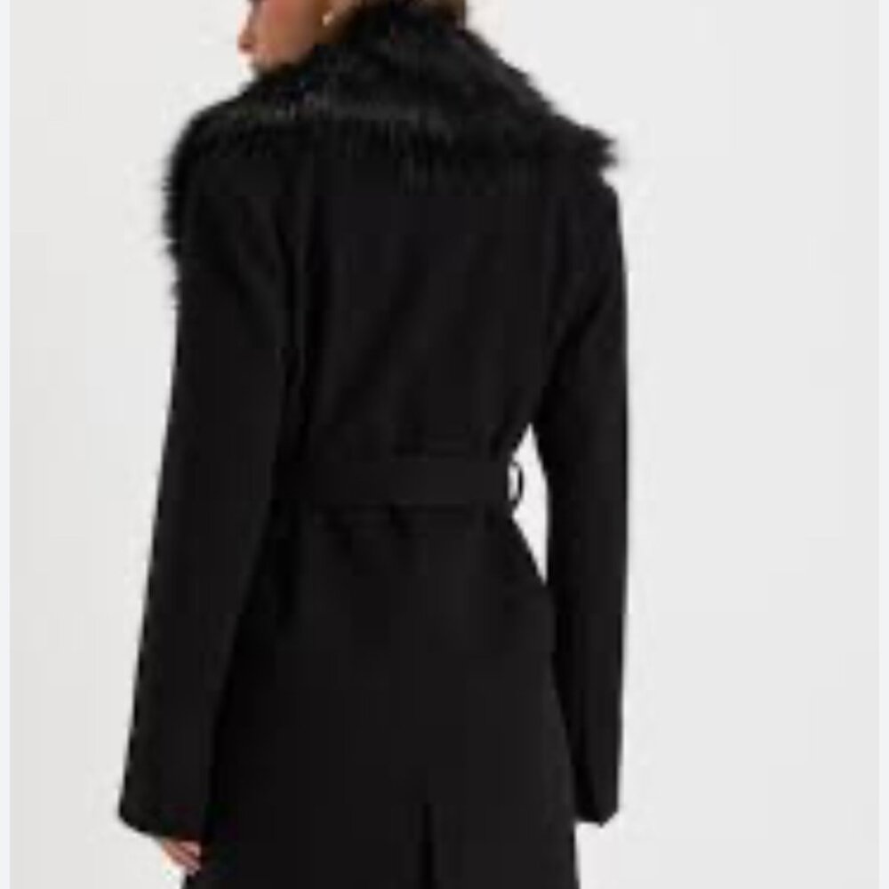 Rare Y2k BEBE Black Wool Maxi Trench Coat-Genuine Rabbit Removable Fur Collar-M